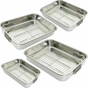 Stainless Steel Deep Roasting Tray Oven Pan Grill Rack Baking Roaster Tin Dish - Picture 1 of 10