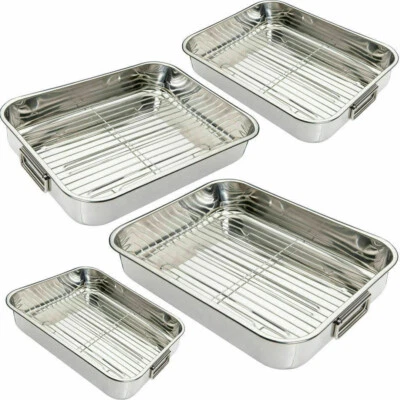 VINOD Stainless Steel Deep Roasting Tray Oven Pan Grill Rack Baking Roaster Tin Dish