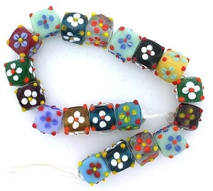 NINETEEN 11.5mm Square Assorted Color Flower Bead Glass Lampwork Strand gb75 - Picture 1 of 1