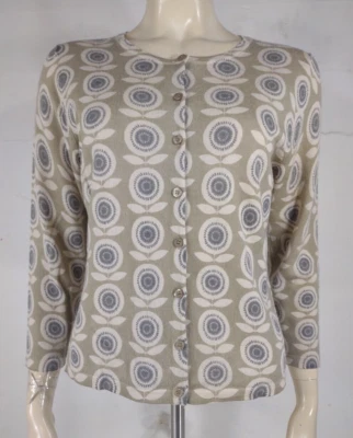 Garnet Hill ivory gray green 100% Merino Wool floral print cardigan ladies Large - Image 1 of 4