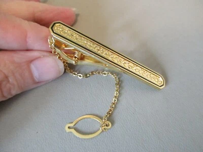 VINTAGE SIGNED COLIBRI GOLD TONE ENAMEL GENTS TIE PIN CLASP RETRO DECO STYLE   - Image 1 of 4