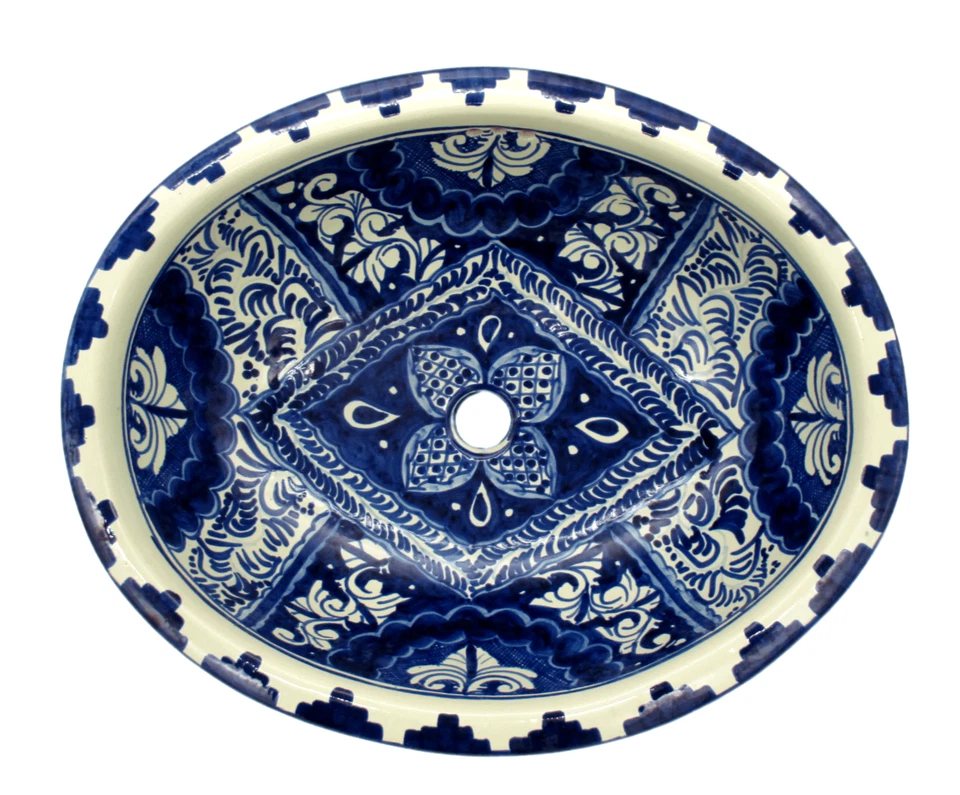 Fregadero de baño de cerámica Talavera cerámica mexicana azul caída X grande ovalado de colección 21" Foto 1 de 4