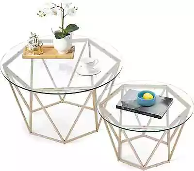 Ivinta Nesting Coffee Table Set, Round Center Cocktail Table with Metal Frame - Image 1 of 4