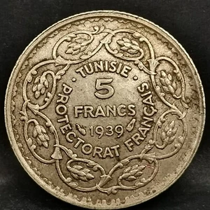 5 FRANCS 1939 ARGENT 680‰ AHMAD PASHA PROTECTORAT FRANCAIS TUNISIE / SILVER TUNI - Picture 1 of 2