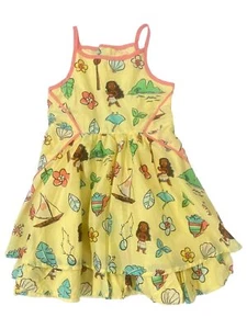 Disney Girls Moana Print Yellow Floral Spaghetti Strappy Dress 4 - Picture 1 of 1