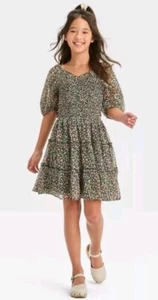 Girl's Smocked Bodice Cut Out Chiffon Dress Art Class Size L 10-12 Black Floral - Picture 1 of 3