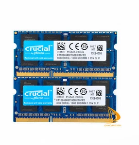 Lot Crucial 16GB 8GB 4GB PC3L-12800S DDR3-1600Mhz 1.35V SODIMM Laptop Memory RAM - Picture 1 of 10