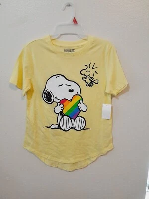 Peanuts Junior Womens Medium 7-9 Tee Shirt Yellow Snoopy Rainbow Top - Image 1 of 2
