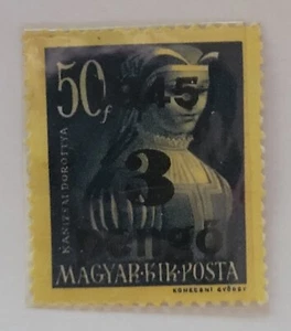 Francobolli Ungheria Magyar Kir Posta 1945 Mi 806 3 P on 50 f blu scuro giallo anteriore - Foto 1 di 3