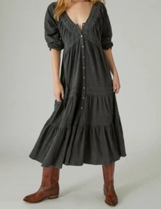 NWT Lucky Brand Maxi Dress Large Boho Hippie Gray Embroidered Button Crochet - Picture 1 of 21