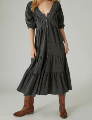 NWT Lucky Brand Maxi Dress Large Boho Hippie Gray Embroidered Button Crochet - Image 1 of 4