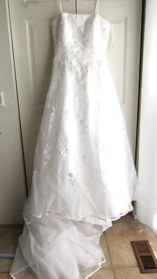 Vintage Lady Eleanor Wedding Dress w Train & Veil White Satin Voile Pearls Sz 14 - Image 1 of 4