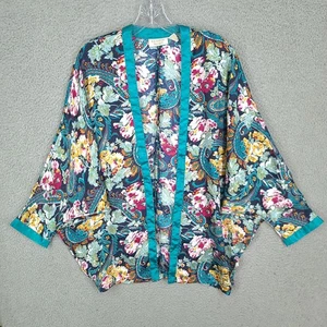 Vintage Victorias Secret Kimono Floral Asian Blue Open Front Satin Robe One Size - Picture 1 of 6