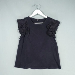 ME+EM Blouse Top Womens UK 14 Navy Blue Lace Cotton Cap Sleeve Luxury Chic - Picture 1 of 12
