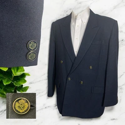 Blazer Chaqueta Para Hombre 42R Azul Lana Sólida Latón Metal Botones Doble Pecho Pico Foto 1 de 4