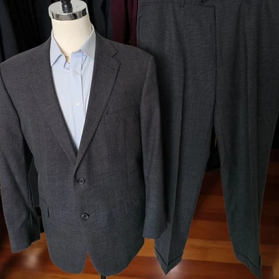 Hart Schaffner Marx Suit 48r 42x31 Nailhead Wool Charcoal Flat Front - Image 1 of 4