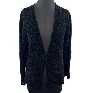 Eileen Fisher Black Silk Blend Long Sleeve Fuzzy Texture Knit Cardigan Sweater M - Picture 1 of 6