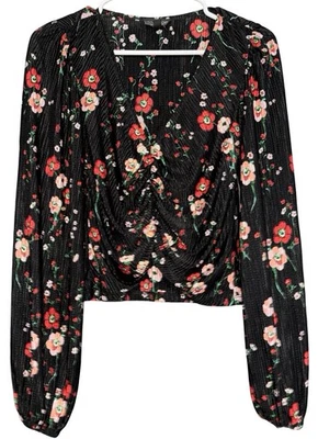 Blusa corta Topshop satinada negra manga larga abullonada floral acanalada talla 2 Foto 1 de 4