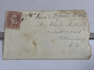 1863 CIVIL WAR Postal Cover WILLIAMSBURG, New York Envelope - Afbeelding 1 van 3