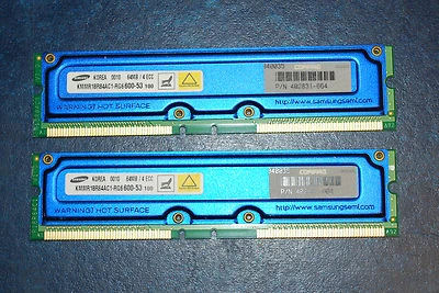  SAMSUNG 64MB / 4 ECC PC600-53 RDRAM KMMR18R84AC1-RG6 Modules Matched Pair of 2 - Image 1 of 2