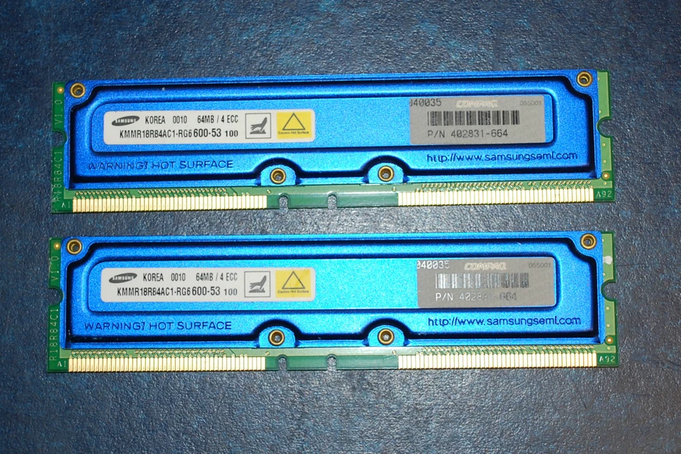  Módulos SAMSUNG 64MB / 4 ECC PC600-53 RDRAM KMMR18R84AC1-RG6 Par de 2 emparejados Foto 1 de 2