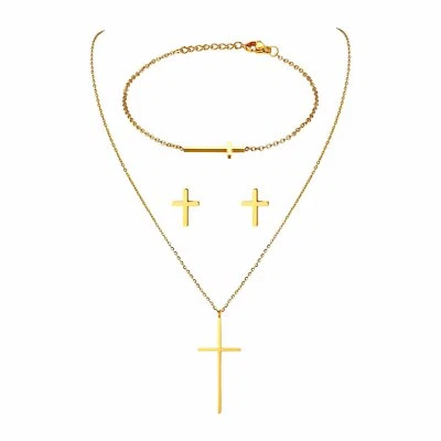 Women Jewelry Set Stainless Steel Cross Pendant Necklace Bracelet Chain Earrings - Image 1 of 3
