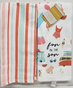2 DIFFERENT COTTON KITCHEN TOWELS (15"x25") SUMMER ITEMS,FUN IN THE SUN,Brisbane - Picture 1 of 9