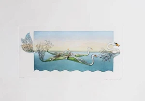 MYSTERY ARTIST Signed Color Embossed Etching of Swans 89/100 - Picture 1 of 3