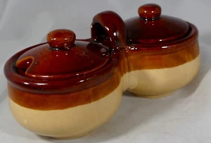 Brown Pottery Condiment, Mustard, Or Salt bowls with their lids w/2 spoons - Picture 1 of 5