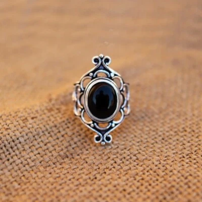 Anello Donna In Onice Nero Fatto A Mano In Argento Sterling 925 Solido - Immagine 1 di 4