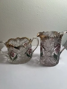 Vintage Cut Glass Flowered Creamer & Sugar Bowl Set Purple W Gold Accent - Picture 1 of 11