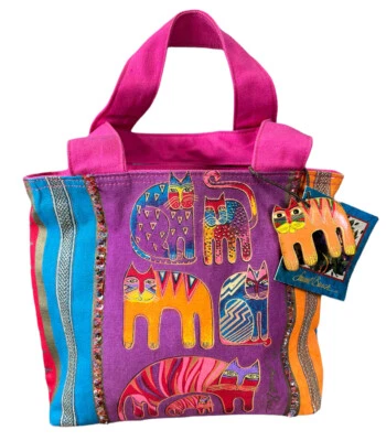 LAUREL BURCH 猫顶手柄袋中号 12 x 10 英寸彩色拉链新品 — 第 1/4 张图片