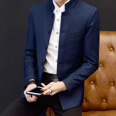 Chinese Mens Tunic Blazer Stand Collar Coat Slim Short Button Formal Jackets  - Image 1 of 4