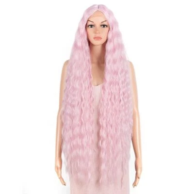 Peluca de encaje de 42 pulgadas pelucas sintéticas para cabello rubio rosa ondulado al agua largo rizado Foto 1 de 4