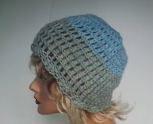 NEW GRAY BLUE MULTI BEANIE CAP HAT HAND CROCHET BERET SKULL CAP CLOCHE TAM - Picture 1 of 7