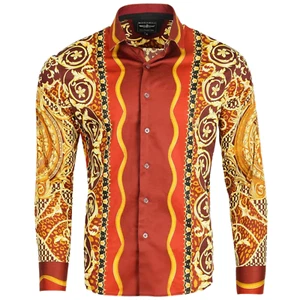Mens Long Sleeve Button Down Dress Shirt Orange Red Hot Golden Star Designer New - Picture 1 of 2