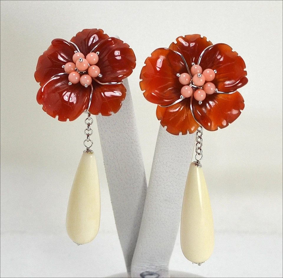 ORECCHINI IN ARGENTO 925 CON FIORI CORNIOLA CORALLO ROSA E PENDOLI AGHT 0371 - Immagine 1 di 3