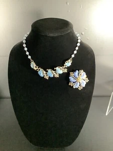 Vintage Coro 2pc Blue Baby Tooth Stone Necklace & Brooch Set READ - Picture 1 of 13