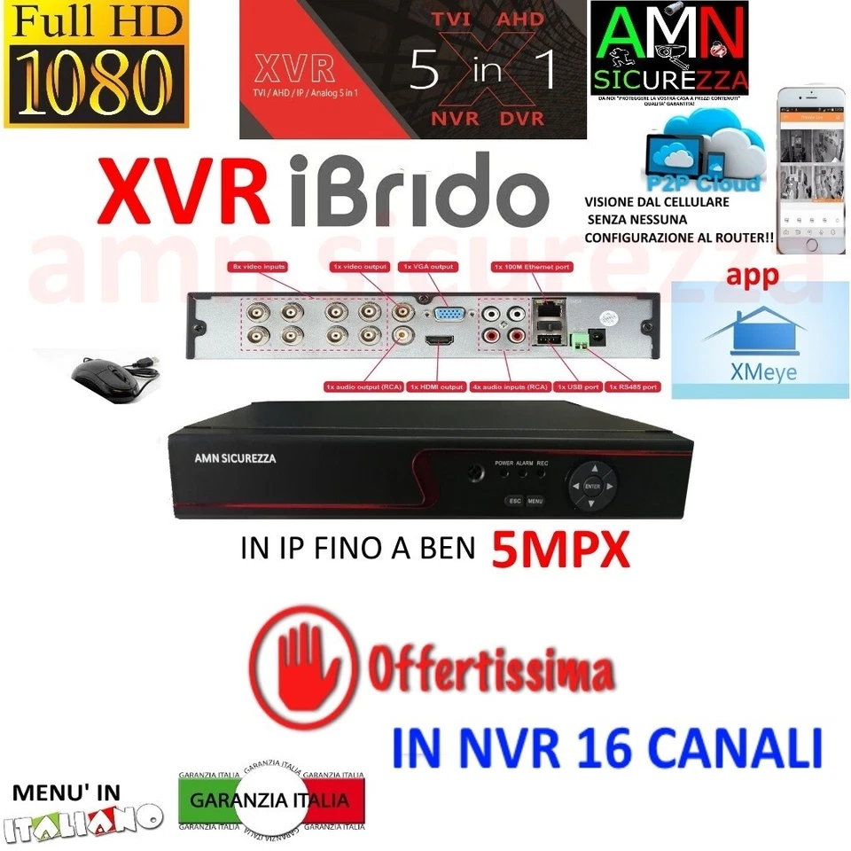 AMN SICUREZZA DVR NVR IBRIDO NVR HVR AHD TVI CVI 8 CH CANALI FULL HD IP CLOUD 3G WIFI 5mpx