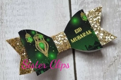 SISTER CLIPS Girls Handmade Eid Mubarak glitter 4" Hair bow clip