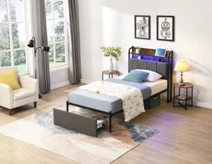 Twin Size Bed Frame W/ Storage Headboard /Charging Station/ Drawer Metal Slatted - Picture 1 of 5