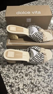 DV Dolce Vita Black/Cream/Beige StripeCross Band Sandals w/Raffia Block Heel 10M - Picture 1 of 6