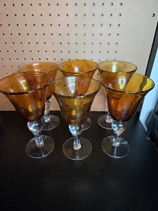 Set of (6) Artland Iris Wine Water Goblets Hand Blown Amber Seeded Bubble Glass - Picture 1 of 8