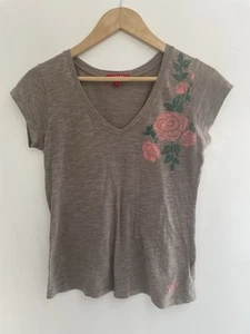 Guess Women's Pink Floral Sheer Cotton Blend V-Neck Short Sleeve Shirt Brown XS - Picture 1 of 6