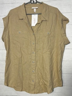  Isabel Maternity Linen Shirt Womens Sz M 8-10 Beige Button Short Sleeve Ingrid - Image 1 of 4