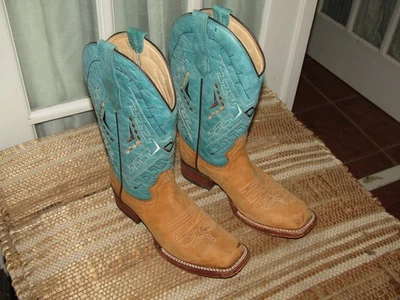 Botas Circle G Mujer 7.5 M Beige Turquesa Cuero Envejecido Puntera Cuadrada L5374 Foto 1 de 4