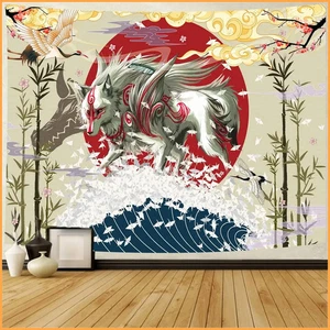 Japanische Tapisserie weiß cool Wolf Mount Fuji rote Sonne Wandteppiche Ukiyo-E - Bild 1 von 38