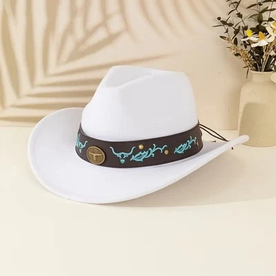 White Western Cowboy Hat Bull & Turquoise Band Adjustable Felt Wide Brim Cowgirl - Image 1 of 4