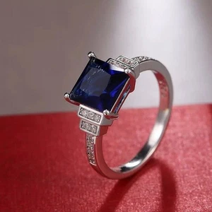 Diamond Ring Lab Grown Princess 2.20 Ct Blue Sapphire 950 Platinum 5 6.5 7 7.5 8 - Picture 1 of 7