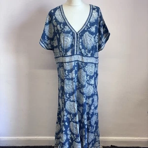 Vestido East Anokhi Midi Talla 18 Azul Paisley Estampado en Bloque 100% Algodón Boho Verano - Imagen 1 de 10